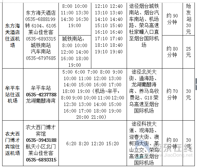 烟台交运发最新机场巴士发车时刻表 线上购票有优惠